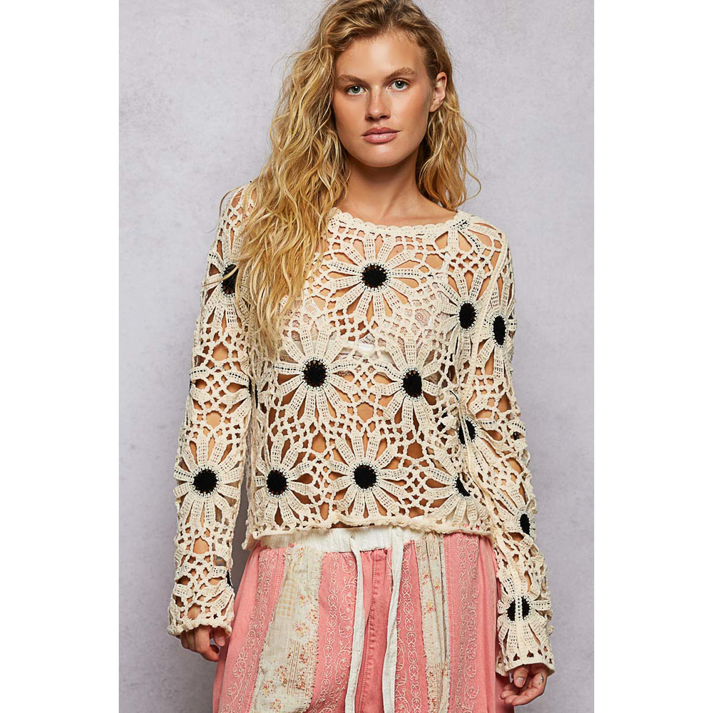 SMC240 NBLK Pol Round Neck Relaxed Fit Crochet Top One Size